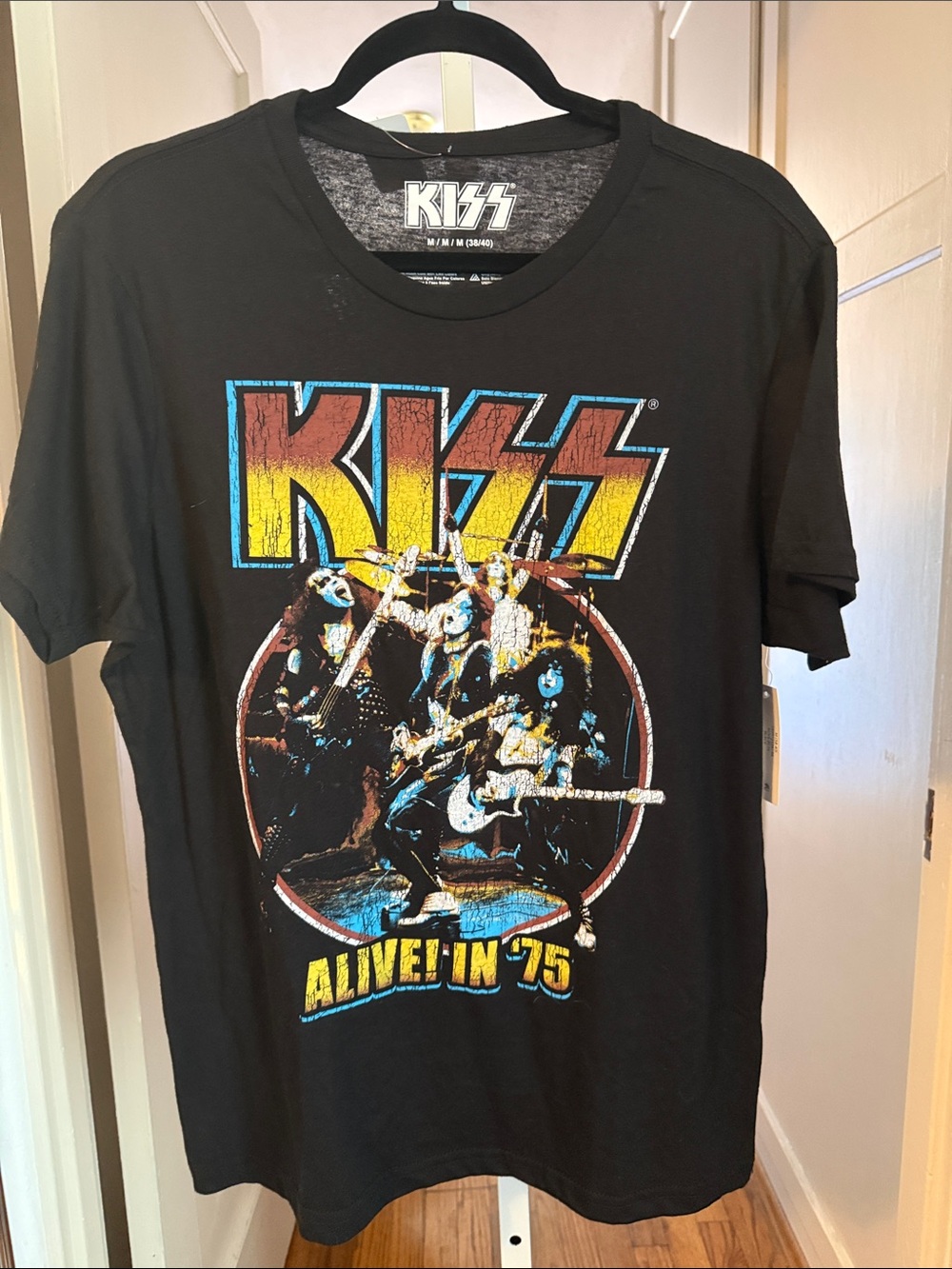 Kiss Black Graphic Tee with Yellow and Red Logo Alive in ‘75